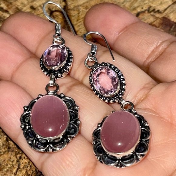 Chrysoberyl Cat’s Eye Earrings 2 1/4” - Picture 10 of 14